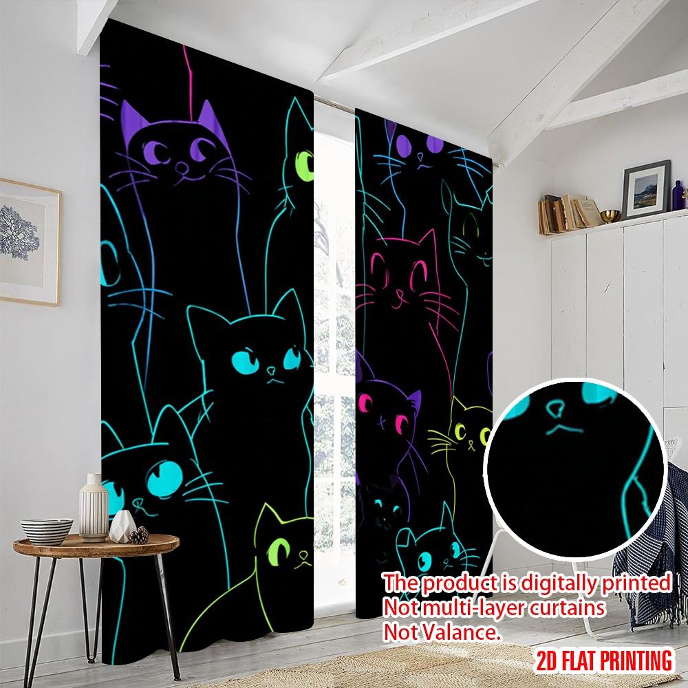 Set Of 2 Flat Printing Window Curtains Cute Black Cats Kawaii Polyester Without Electricity Festive Wall Decor Po Booths Curtain