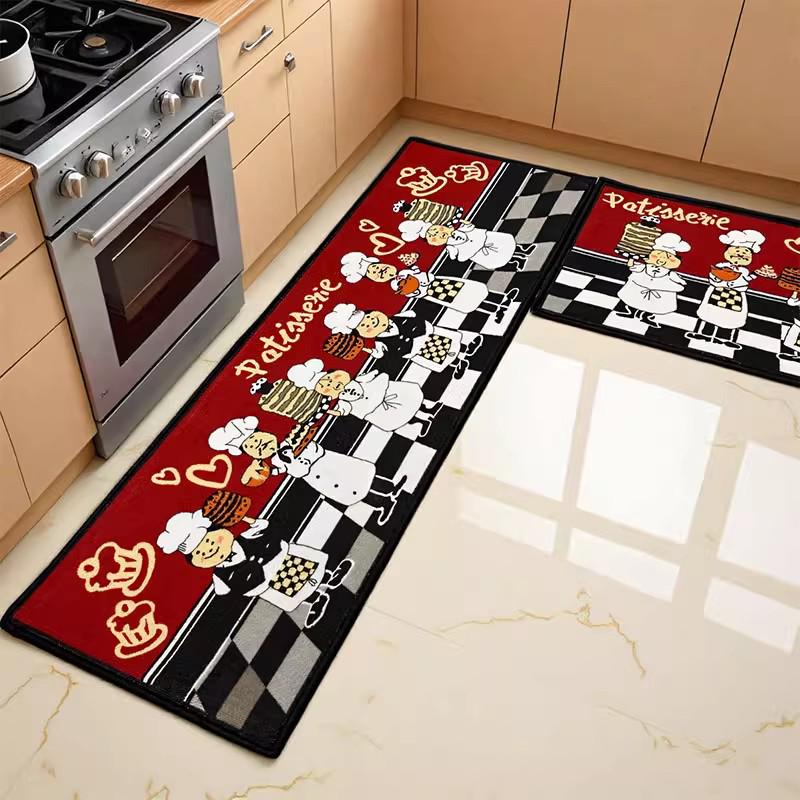 Red Absorbent Two-Piece Chef Kitchen Floor Mat - Machine Washable Carpet