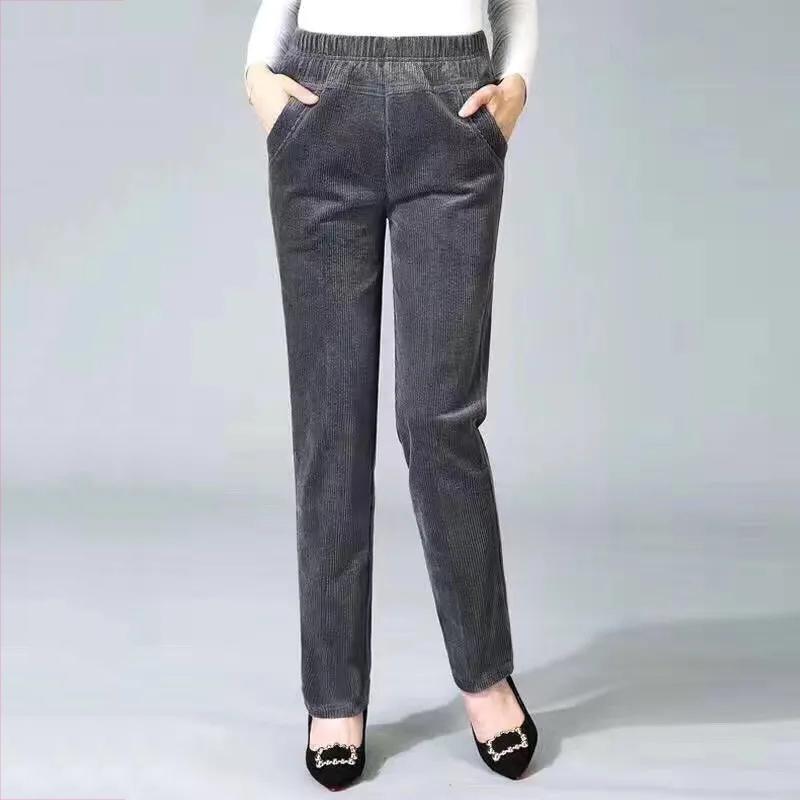 Spring Fall Elastic High Waist Straight Trousers Women Classic Black Pantalones De Mujer Mother's Casual Brown Corduroy Pants