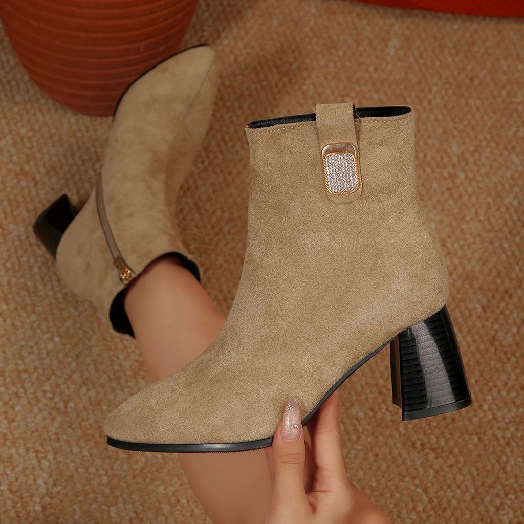 Women's Ankle Boots New Fashionable Rhinestone Button Square Heel Booties Side Zippers Pointed Toe Suede High Heels Shoes