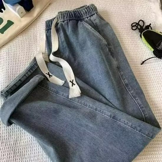 Malaysia Trendy Men's Loose Straight Jeans with Drawstring Waist – Versatile High Street Summer Pants
