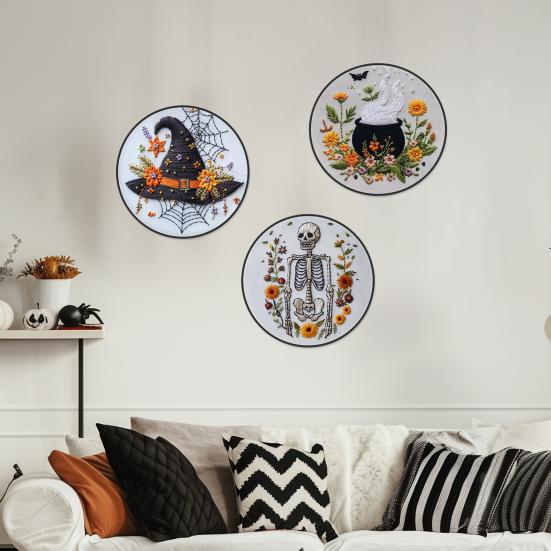 1 Set Halloween Embroidery Kit with Hoop Threads Scissors Threader Beginners Gothic Stamped Cross Stitch Hand Embroidery Starter Kit