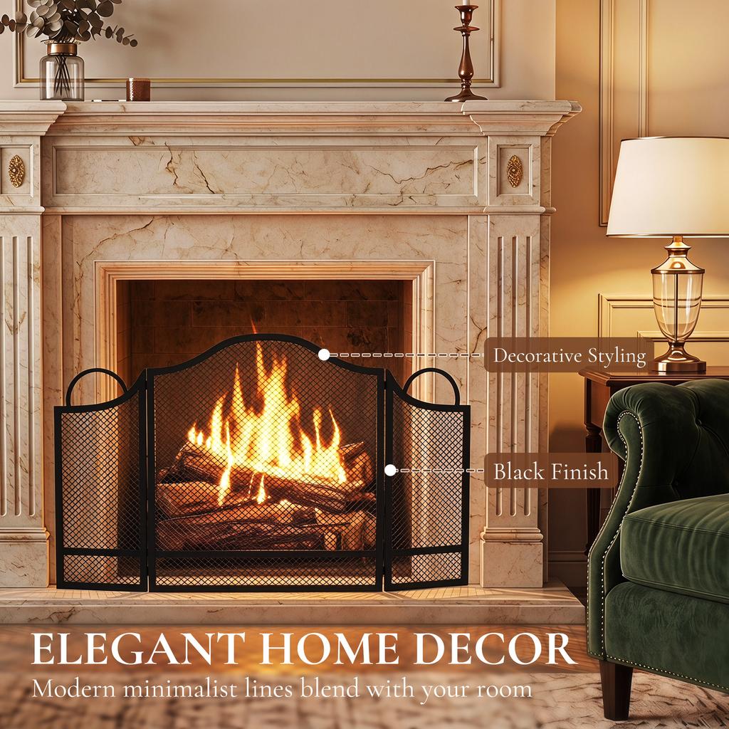 Floral 3-Panel Folding Fireplace Screen 122 X 1 X 74 Cm Black