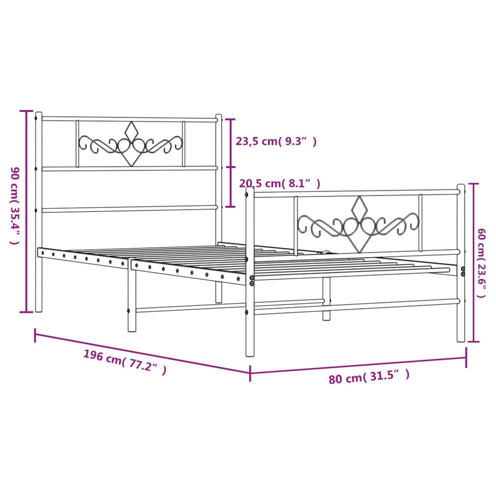 Metal Bed Frame with Headboard and Footboard Black 75 x 190 cm