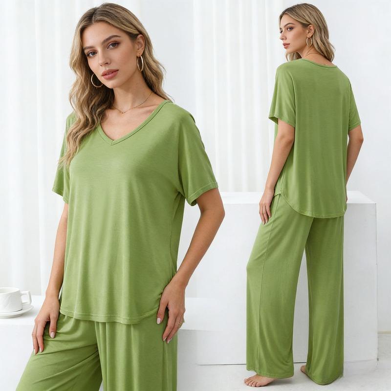 Summer Modal Homewear 2 Piece V-Neck Short Sleeve Tshirt and Wide Leg Pant Ankle Length Loose Sleepwear Set Comfort Pajama Sets