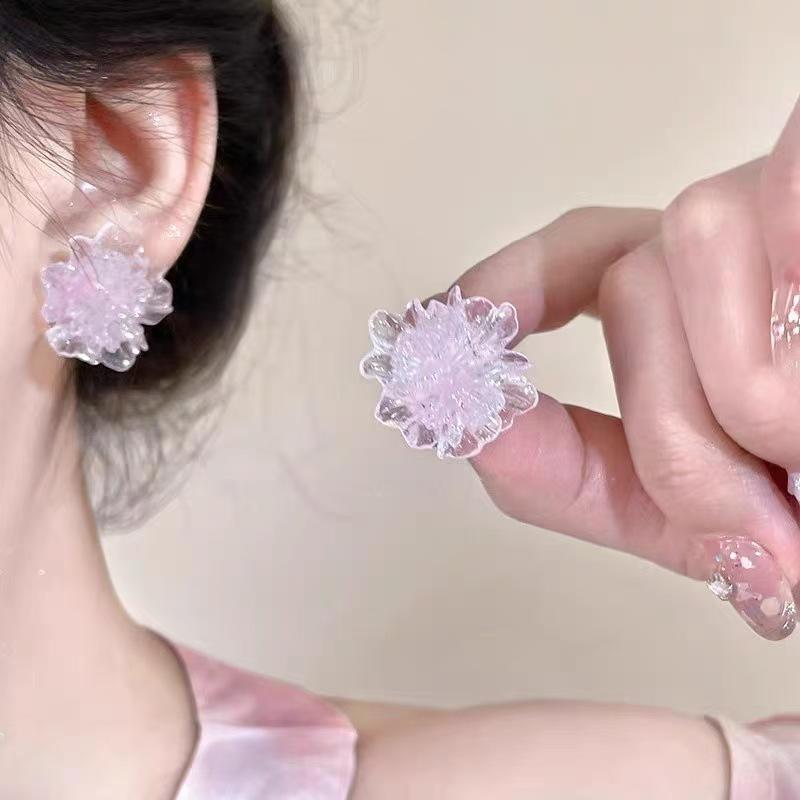 Korean Sweet Colored Ice-transparent Blossoming Flowers Stud Earrings for Women Summer Vacation Temperament Piercing Jewelry