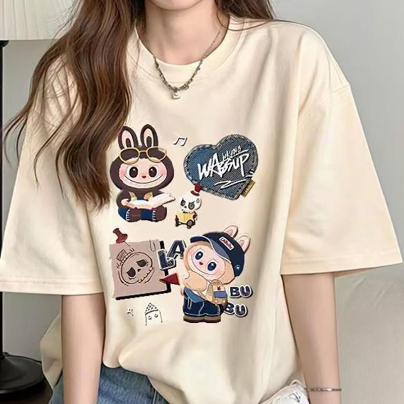 Hot Summer Labubu Print Women Short Sleeve T-shirt Casual Fashion Clothing Girl Cartoon Cute Anime Printed Tops
