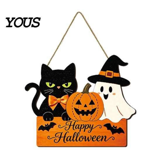 Solid Wood Festive Hanging Sign Halloween Door with Hemp Rope Lanyard, Pumpkin Ghost Printed Decoration for Friends Plaque, Wooden Front Wall