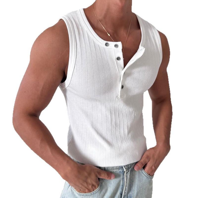 

Mens Casual Solid Color Ribbed Henley Neck Sleeveless Tank Top S білий