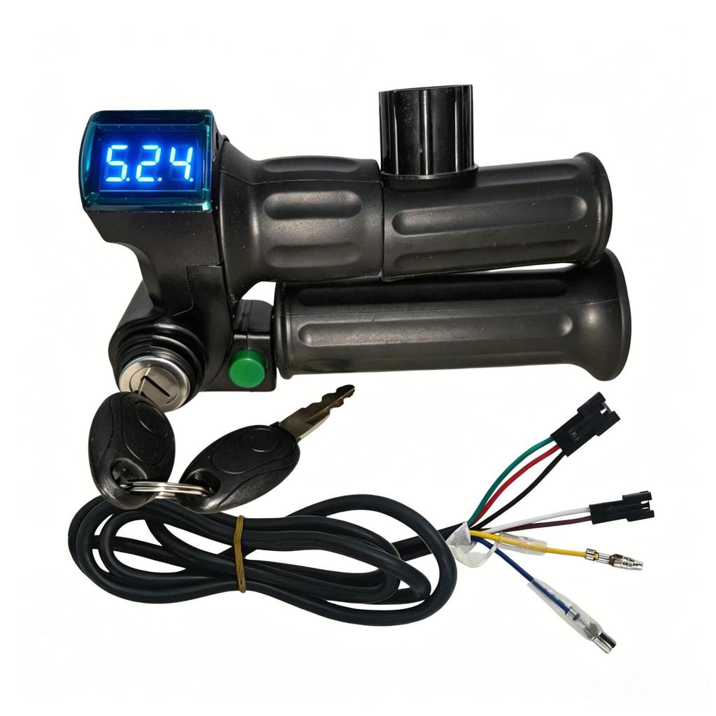 Old Model Electric Scooter Throttle Grip with Blue Screen, Half-Handle Lock, Horn, and Voltage Display