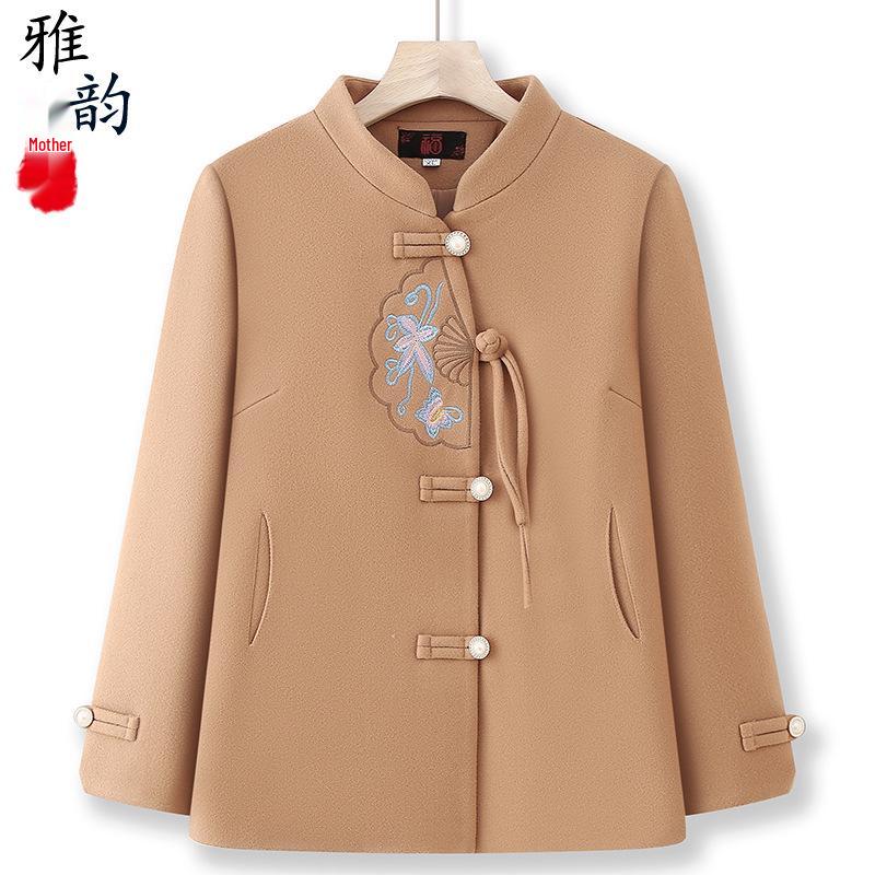 Elegant Embroidered Woolen Coat for Middle-Aged & Elderly Women – Spring & Autumn Fashion