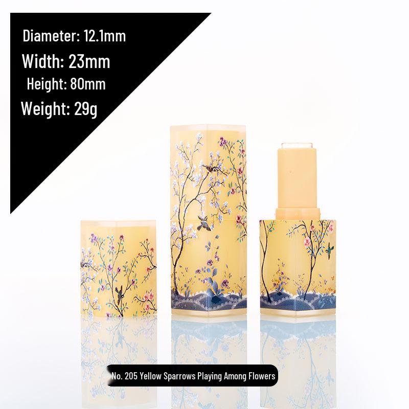 Elegant Frosted Translucent Square Lipstick Tube - Chinese Style 3D Printed Magpie Floral Design, 12.1g