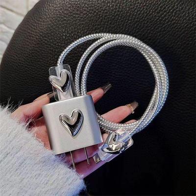 Silver Heart Apple 15 Pro Max Data Cable Protective Cover for iPhone 14 - 20W Fast Charging Soft Shell