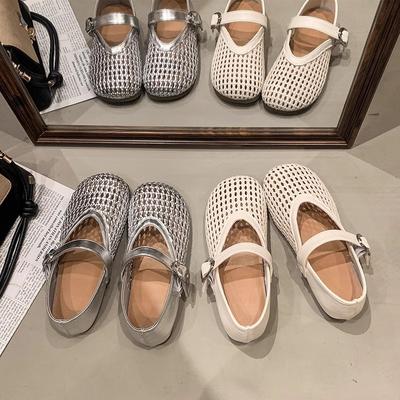 Mary Jane Single Shoes Women's 2025 Spring New Flat-soled Soft-soled One-word with Mesh Hollow Woven Fishing Net Shoes Sandals