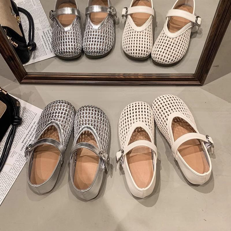 Mary Jane single shoes women's 2025 spring new flat-soled soft-soled one-word with mesh hollow woven fishing net shoes sandals