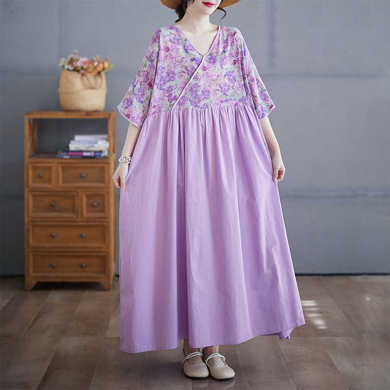 Cotton and Linen Summer Patchwork Retro Style Dress Long Skirt