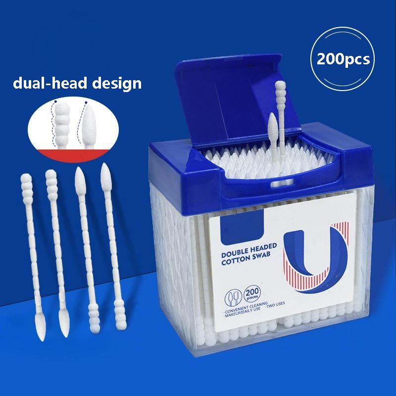 200pcs/box Cotton Swabs Spiral and Pointed Dual-head Design Nose Ears Cleaning Assisted Lips Eyes Makeup Disposable Cotton Swabs