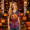 Women's V Neck Short Sleeve Work Top with Pockets Halloween Print Medical Uniform for Caregivers and Healthcare Professionals