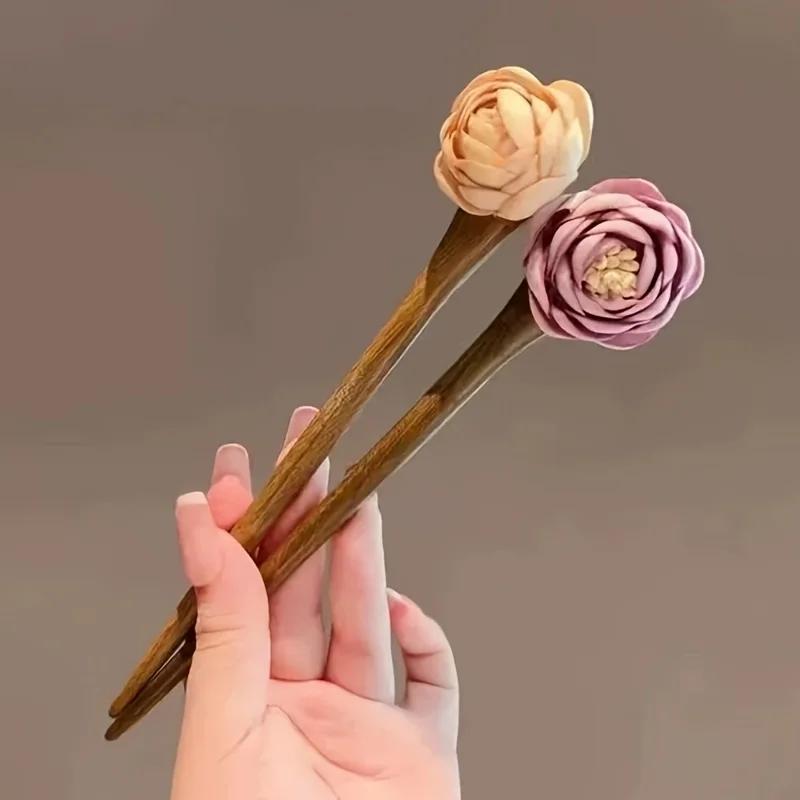 1/2pcs Sandalwood Floral Hairpin - Antique-Inspired Elegant Hair Accessory with Pink Roses & Golden Accents for Cheongsam,Hanfu