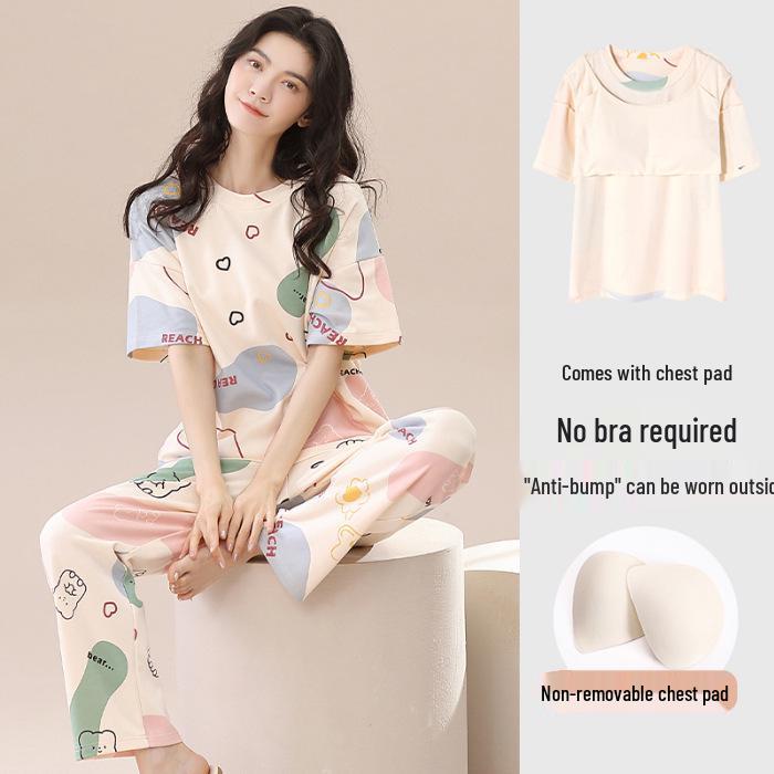 

Женский пижамный комплект свободного кроя с нагрудными вкладышами - короткий рукав и длинные брюки, универсальный для дома и улицы Size 3: 140-170 lbs