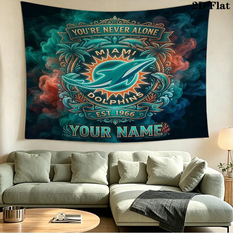 Benutzerdefiniertes Namensschild Miami Dolphins Bedruckter Wandteppich – Wandbehang für Schlafzimmer, Studentenwohnheime und Heimdekoration