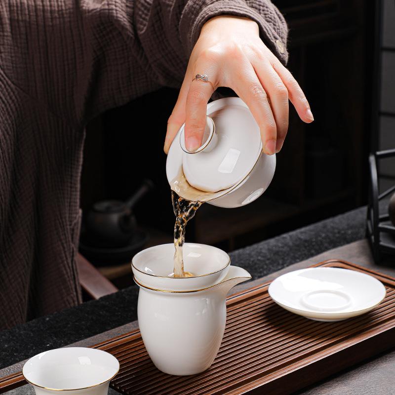 Suet Jade Tracing Tea Set Gift Set Creative Ten-head White Porcelain Tea Set Set Commercial Holiday Gift