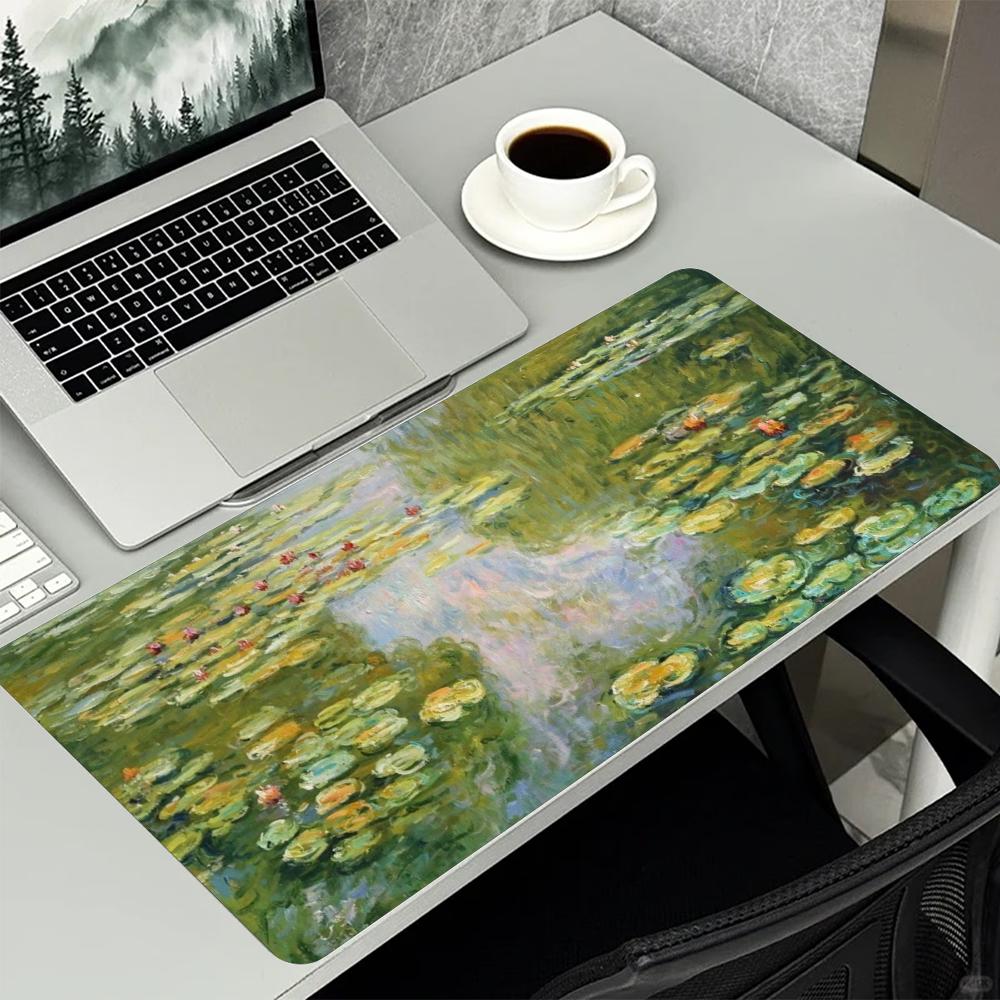 Large Mouse Pad Monet Water Lilies Print Stitched Edge AntiSlip Rubber Desk Mat For Gaming Working Home Office Laptop Use