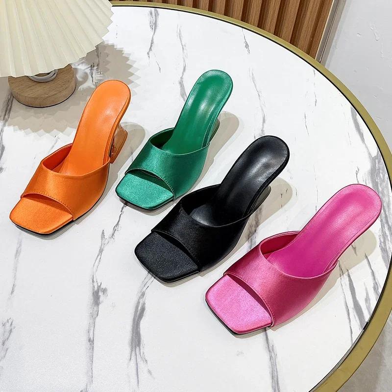 Summer Green Women's Shoes Slippers Silky Wide Band Transparent Strange High Heels Comfortable PU Leather Slides Sandals Pumps