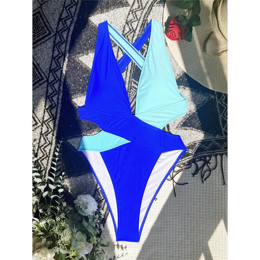 Splicing Deep V Neck Cross Back One Piece Swimsuit Women Swimwear Female Monokini Scrunch Butt Bather Bathing Suit Swim