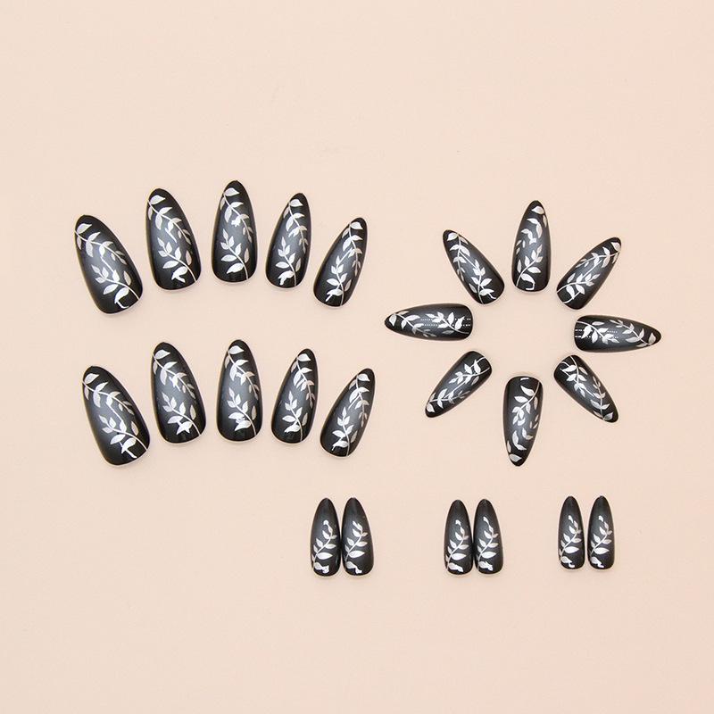 Wear Armor Dark Wind Removable Nail Pieces Silver Leaves Simple Smudging Fake Nail Pieces 24 Fake Nails