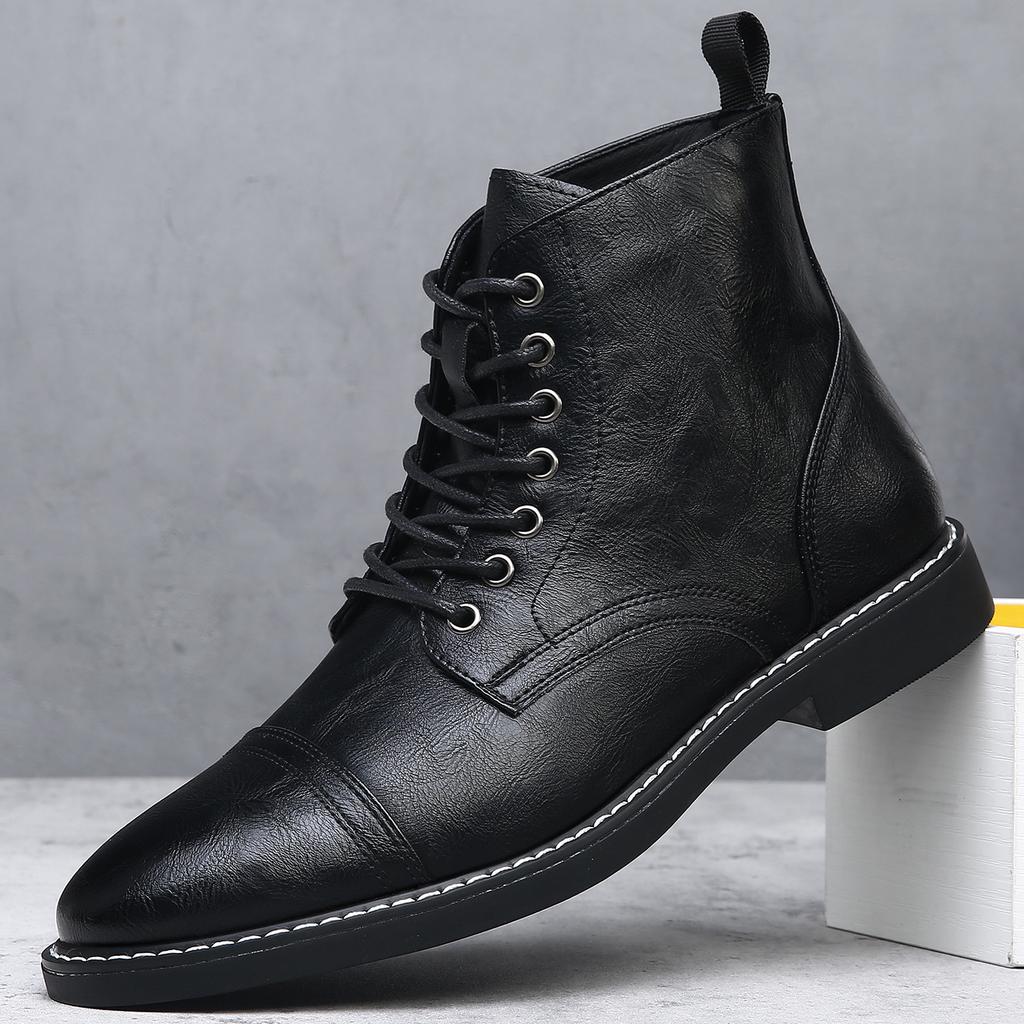 Autumn High-top Men's Lace-up Leather Boots Fashion Casual Lace New Designer Shoes Male Solid Color Ankle Boots Man