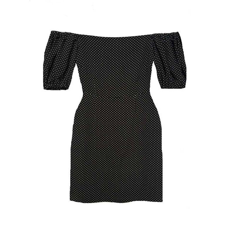 

European New Summer 2025 Women s Small Girl s off-Neck off-the-Shoulder Puff Sleeves Short Sleeve High Waist Dress Short Skirt Strapless shoulder black dot Print Dress L