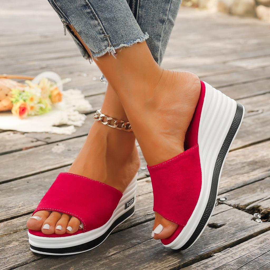 Fashion Slippers for Women Basic Beach Wedges Mid Heels Leopard Print Shoes Woman Solid Flock Platform Summer Shoes Plus Size