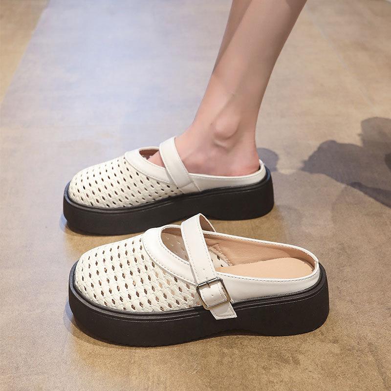 Thick bottom woven hollow breathable bag head half slippers women's 2025 new summer out advanced feeling one pedal sandals