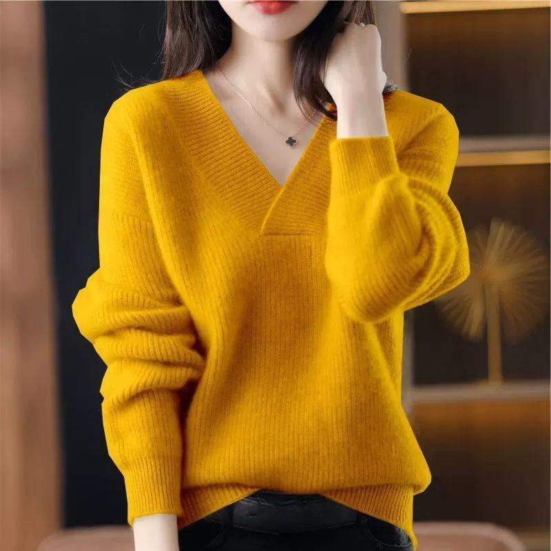TIFICY Women's Fashion Casual Fall Winter Solid Color Print Long Sleeve V-Neck Sweaters