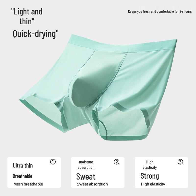 Men's Summer Ice Silk Antibacterial Quick-Dry Boxer Briefs - Mid-Waist, Seamless, Breathable Ultra-Thin Four-Corner Design.