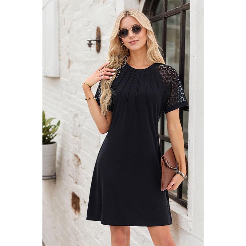 Robe d'été pour femme, couleur unie, ajourée en dentelle, manches courtes, col rond, plissée