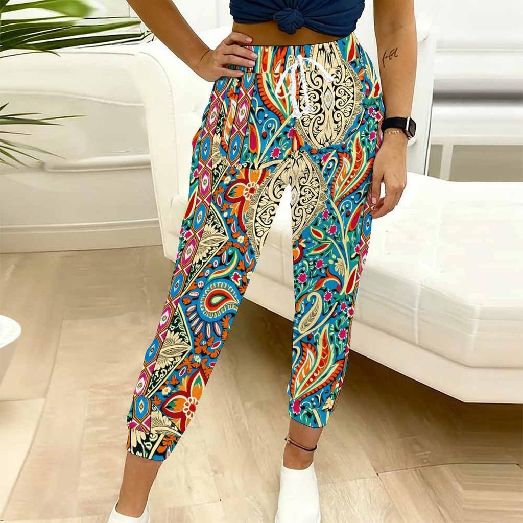 Summer Ladies Cashew Paisley Printed Sweatpants Loose Fit Drawstring Joggers Elastic Cuff Daily Casual Pants