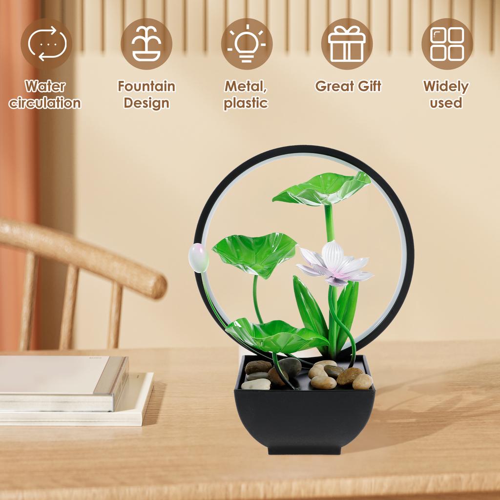 Water Lily Tabletop Fountain With Natural Stone USB Charging Desk Fountain With Built In Pump 3 Tiers Green Leaf Waterfall