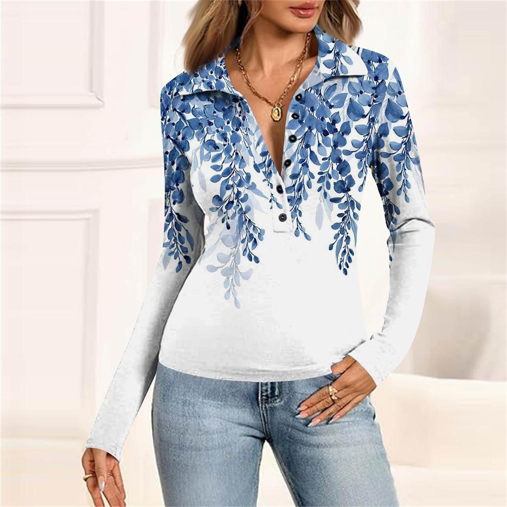 Women's Fashion Casual Printed V-Neck Long Sleeve Button-Down Top