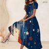 Women Plus Size Round Neck Short Sleeve Printed Color Block A Line Long Dress