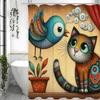 Cute Cat Bird Potted Shower Curtain, Bathroom Decorative Shower Curtain, Waterproof Shower Curtain with Hooks