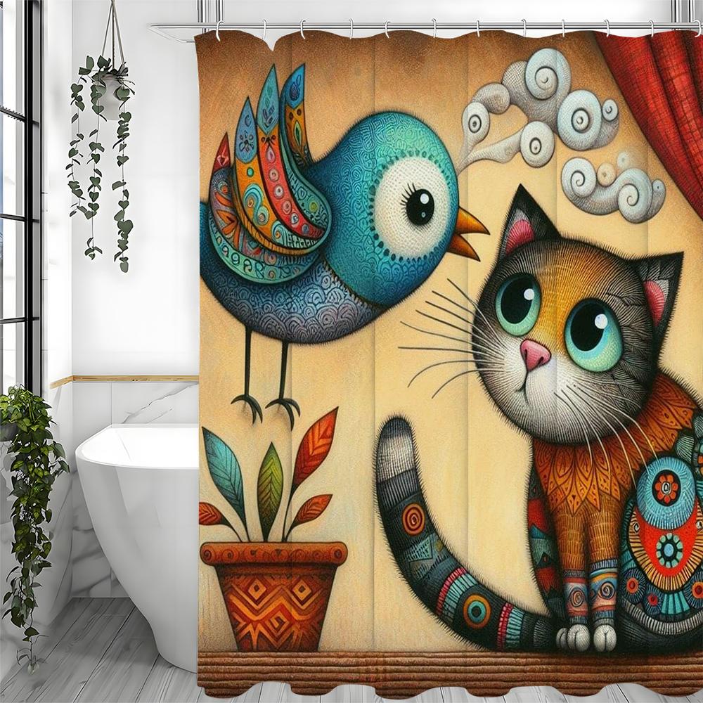 Cute Cat Bird Potted Shower Curtain, Bathroom Decorative Shower Curtain, Waterproof Shower Curtain with Hooks