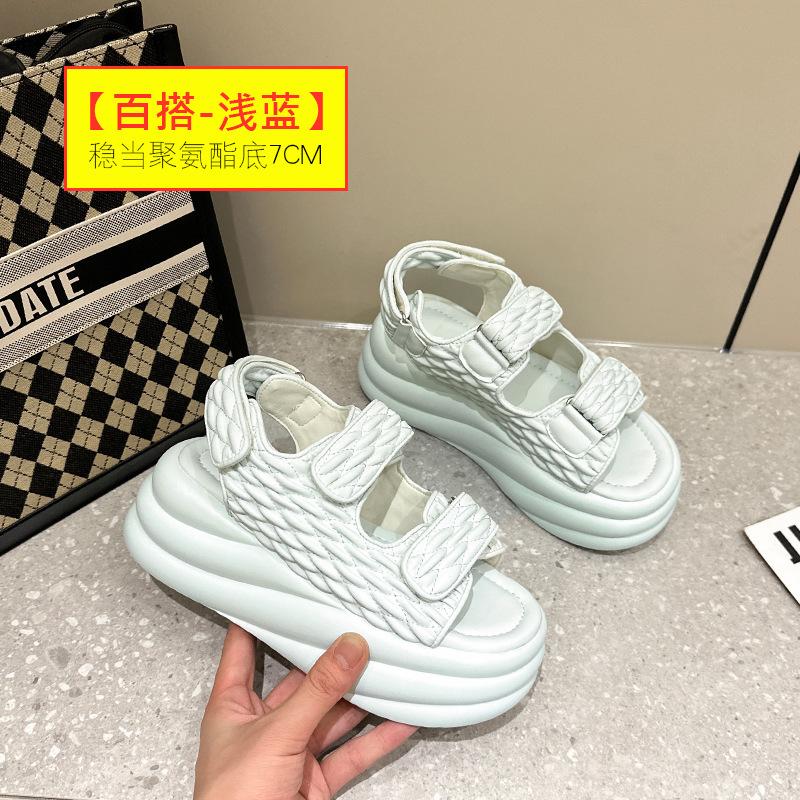 2025 summer new Xiaoxiangfeng Velcro platform sandals women's solid color sports wind flat bottom beach cool slippers women