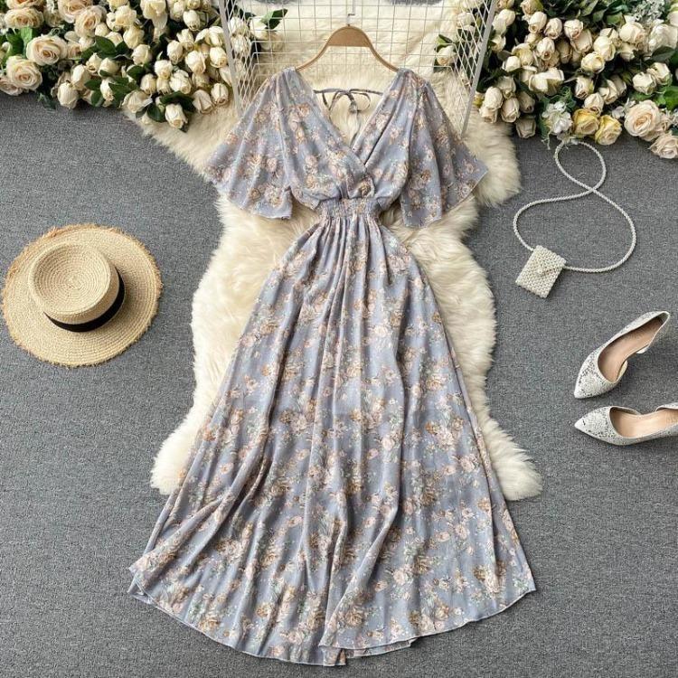 Women Summer Floral V Neck Long Dress High Waist Ruched A Line Short Sleeve
