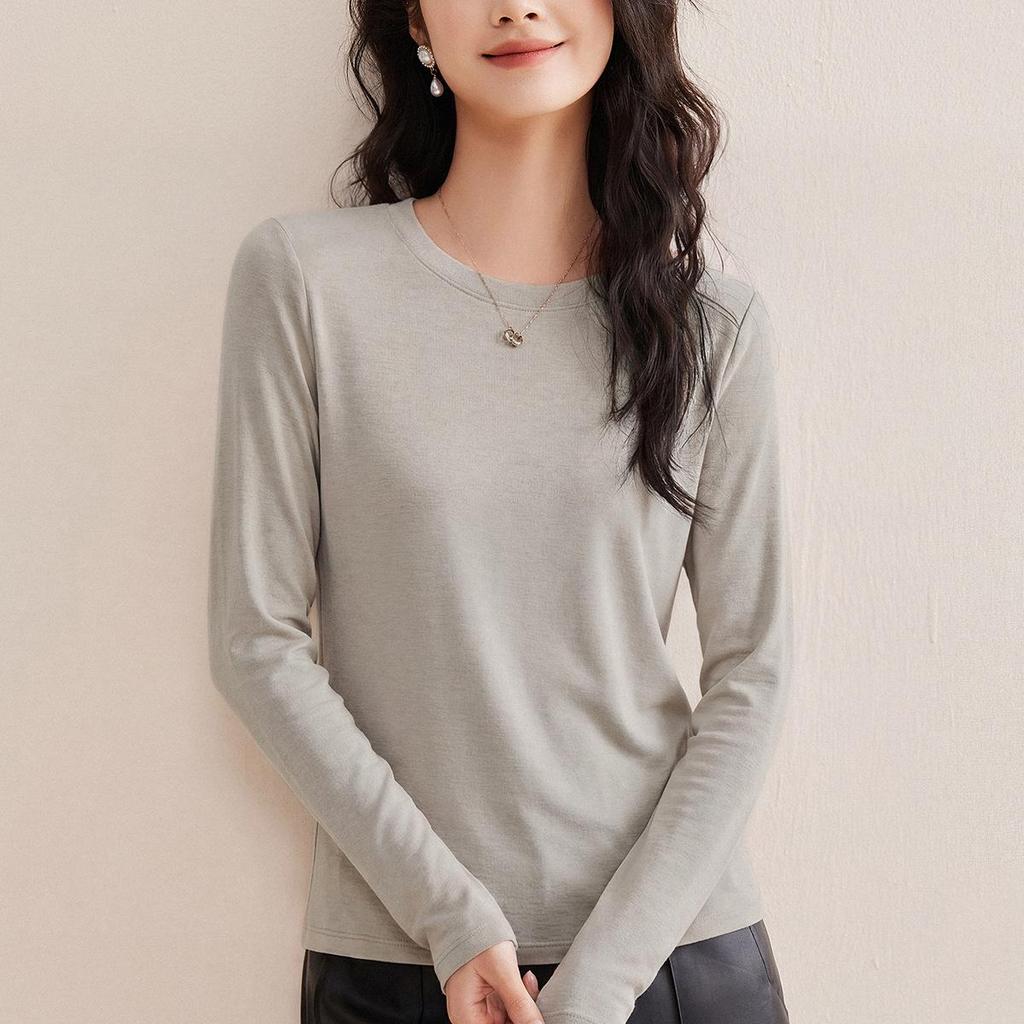 Women's Spring 2026 Round Neck Base Layer Shirt - White, Wool Blend, Skin-Friendly, Long Sleeve Warm Top