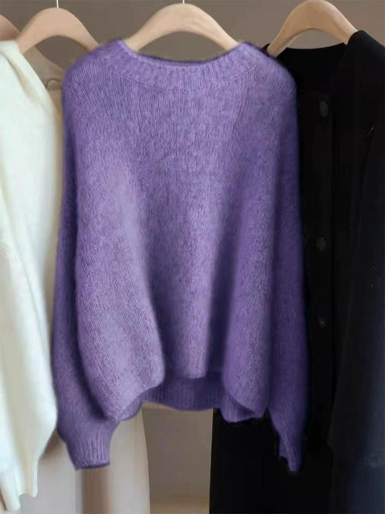 Women's Soft Wool-Cashmere Round Neck Loose Knit Sweater Cardigan