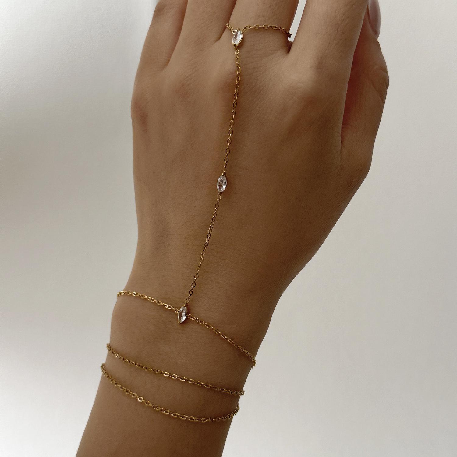 Edelstahl Zirkonia Handketten Armband Ring Für Damen Zierlich Navette Zirkonia Verbundene Fingerringe Mehrschichtiges Handgelenk Schmuck brown