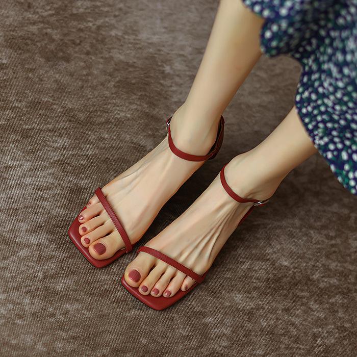 Fashion Ankle Strap Middle Heeled Sandals Women Fashion Pu Leather Square Toe Sandales Woman Summer Buckle Party Pumps Shoes Female