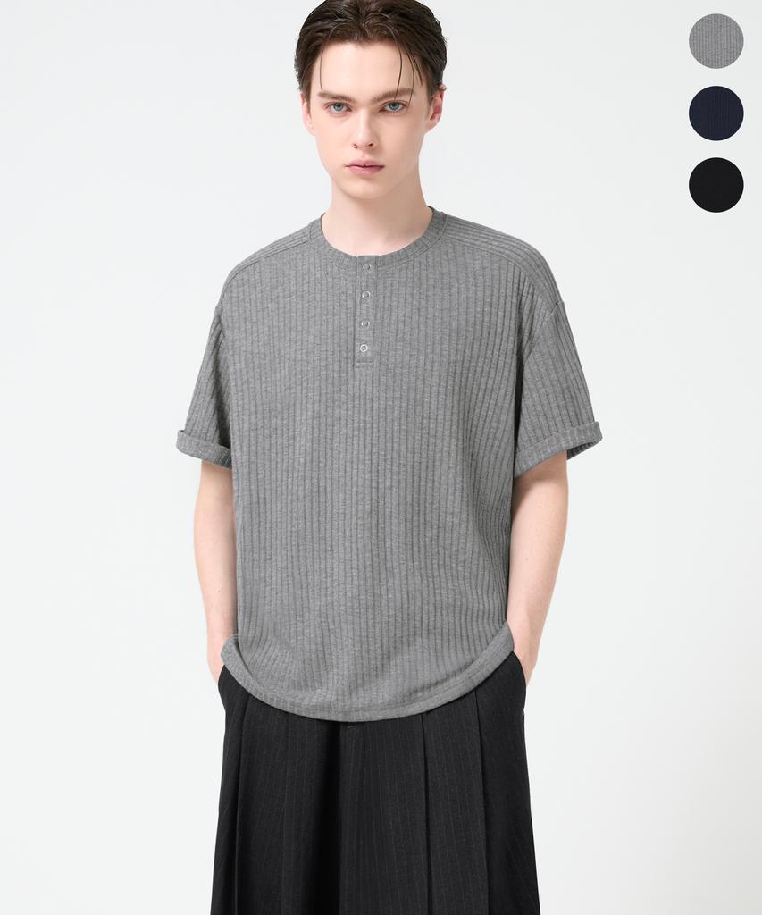 TRILLION Ribbed Ring Snap Henley Neck Short Sleeve T-Shirt_3Color